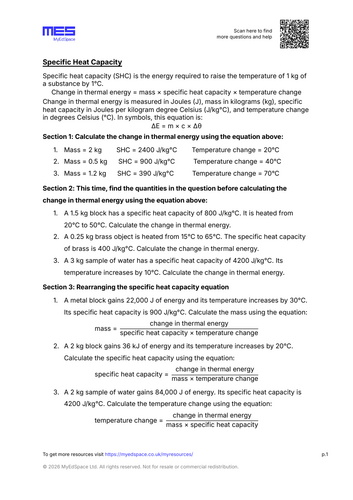GCSE Physics AQA FT Topic 1: Energy - Specific Heat Capacity Worksheet ...