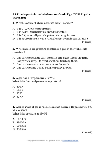 Cambridge IGCSE Physics 0625: 2.1 Particle Model Worksheet | Teaching ...