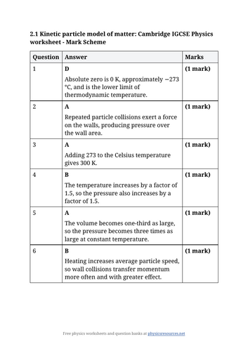 Cambridge IGCSE Physics 0625: 2.1 Particle Model Worksheet | Teaching ...