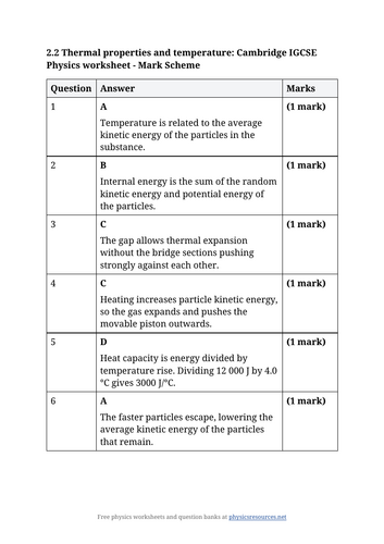 Cambridge IGCSE Physics 0625: 2.2 Thermal Properties Worksheet ...