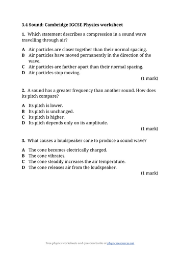 Cambridge IGCSE Physics 0625: 3.4 Sound Worksheet | Teaching Resources