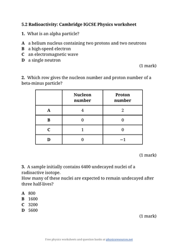 IGCSE Physics 5.2 Radioactivity Worksheet | Teaching Resources