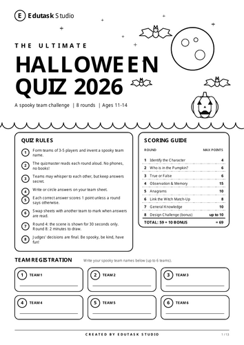 Halloween Quiz 2026 | 10 Spooky Rounds, Student Answer Sheets ...