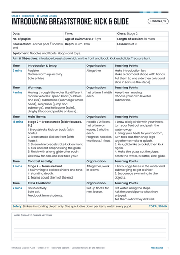 FREE Swimming Lesson Plans: Stage 2 and Stage 9 Samples (PE) | Teaching ...