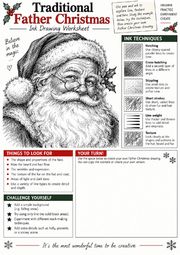 Father Christmas Ink Drawing Worksheet | KS3 & KS4 Art | Portrait ...