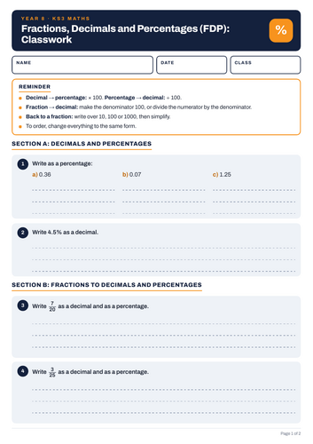 Year 8 Maths | Fractions, Decimals and Percentages (FDP) | Classwork ...