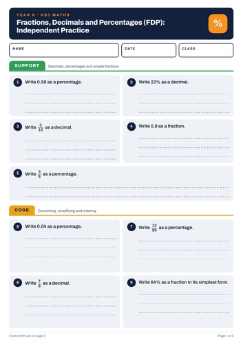 Year 8 Maths | Fractions, Decimals and Percentages (FDP) | Practice ...