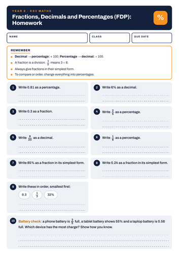 Year 8 Maths | Fractions, Decimals and Percentages (FDP) | Homework ...