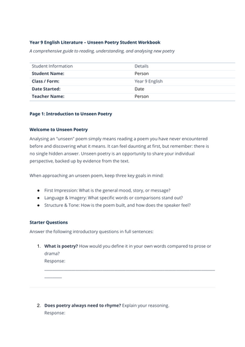 Year 9 Unseen Poetry & English Literature Lesson & Workbook | Teaching ...