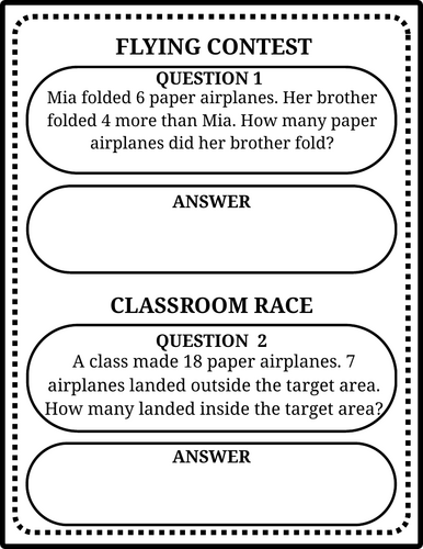Paper Airplane Day Math Word Problems | 40 Printable Worksheets with ...