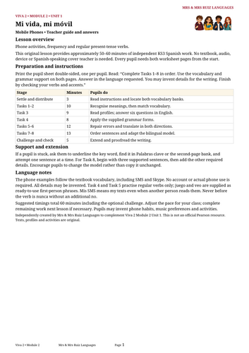 Year 8 Spanish Cover Lesson | Viva 2 Module 2 Unit 1 | Mi vida, mi ...