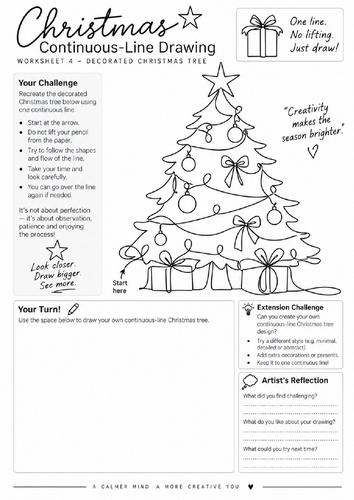Christmas Tree Continuous Line Drawing Worksheet | Festive Art Activity ...