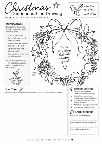 Christmas Wreath Continuous Line Drawing Worksheet | Festive Art | KS3 ...