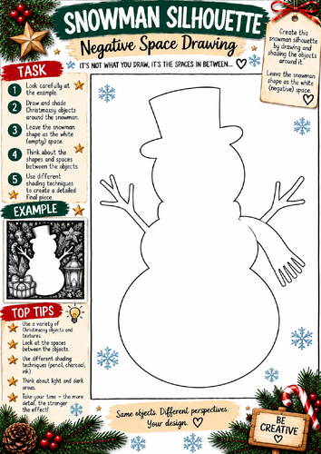 Snowman Silhouette Negative Space Drawing Worksheet | Christmas Art KS3 ...