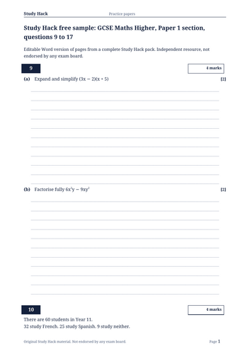 FREE GCSE Maths Higher Sample: AQA-style Paper 1 section (9 questions ...