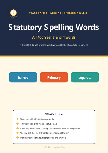 Year 3 and 4 Statutory Spelling Words Pack - All 100 Words, Weekly ...