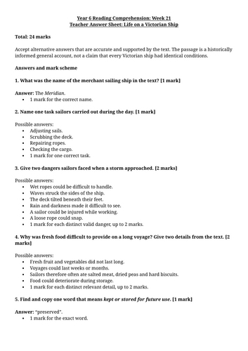 Year 6 Reading Comprehension Week 21 - Reading and Answers | Teaching ...