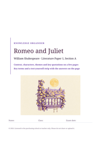 Romeo and Juliet knowledge organiser: context, characters, themes and ...