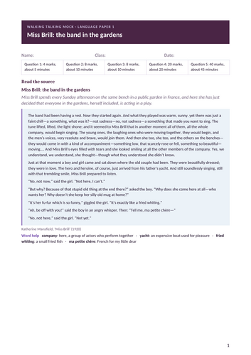 Language Paper 1 walking talking mock: Miss Brill (Katherine Mansfield ...