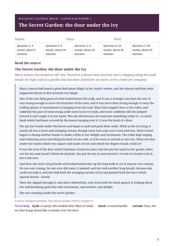 Language Paper 1 walking talking mock: The Secret Garden (Frances ...