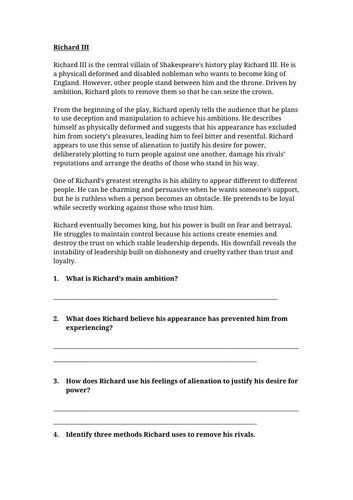 Richard III Worksheet