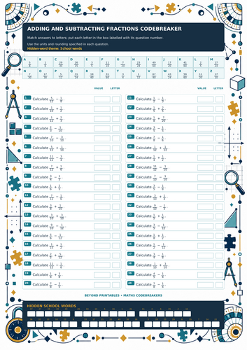 FREE Adding and Subtracting Fractions | Maths Codebreaker | Answers ...