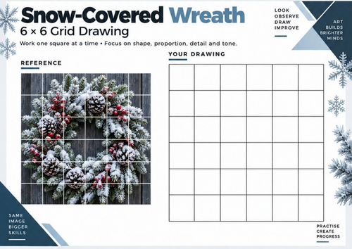 Snow-Covered Christmas Wreath Grid Drawing Worksheet | Winter Art ...