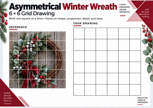 Asymmetrical Winter Wreath Grid Drawing Worksheet | Christmas Art ...
