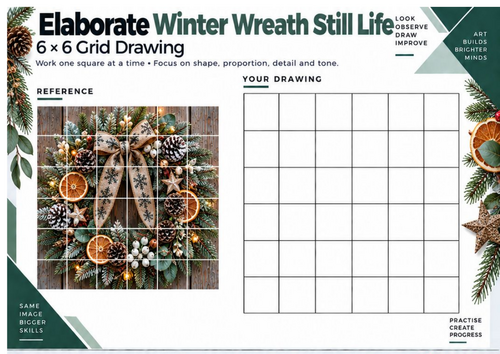 Elaborate Winter Wreath Still Life Grid Drawing Worksheet | Christmas ...