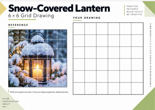 Snow-Covered Lantern Grid Drawing Worksheet | Winter Art Drawing ...