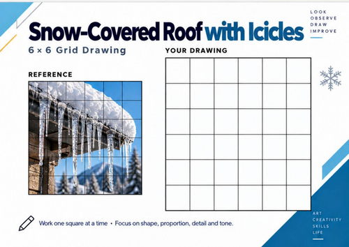 Snow-Covered Roof with Icicles Grid Drawing Worksheet | Winter Art ...