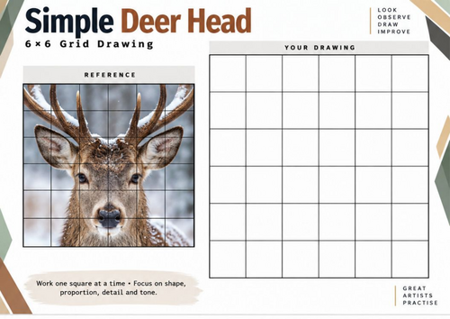 Deer Head Grid Drawing Worksheet | Wildlife Observational Drawing | KS3 ...