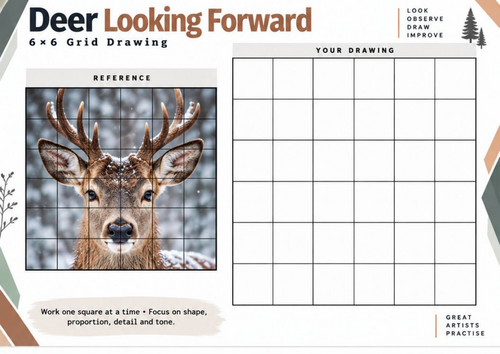 Deer Looking Forward Grid Drawing Worksheet | Wildlife Portrait Art ...