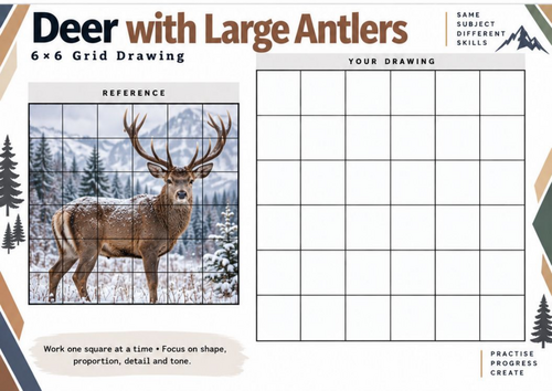 Deer with Large Antlers Grid Drawing Worksheet | Stag Wildlife Art ...