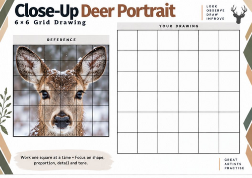 Close-Up Deer Portrait Grid Drawing Worksheet | Animal Portrait Art ...