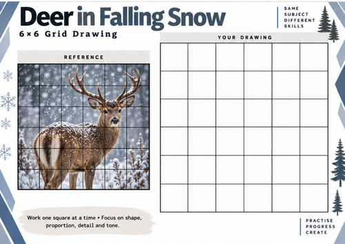 Deer in Falling Snow Grid Drawing Worksheet | Winter Art Activity | KS3 ...