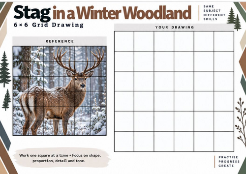 Stag in Winter Woodland Grid Drawing Worksheet | Deer Wildlife Art ...