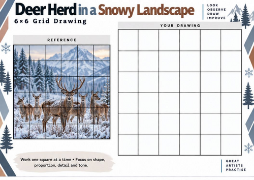 Deer Herd Grid Drawing Worksheet | Snowy Landscape Wildlife Art | KS3 ...