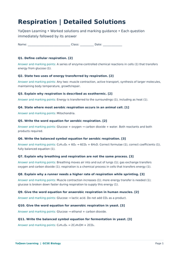 GCSE Biology: Respiration Worksheets | Teaching Resources