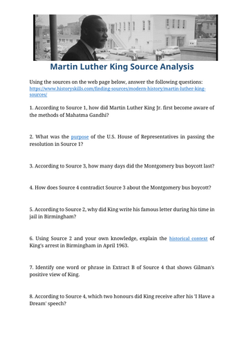 Martin Luther King Source Analysis Worksheet | Teaching Resources