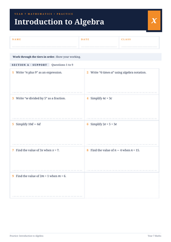 Year 7 Intro to Algebra | Practice Worksheet | Teaching Resources