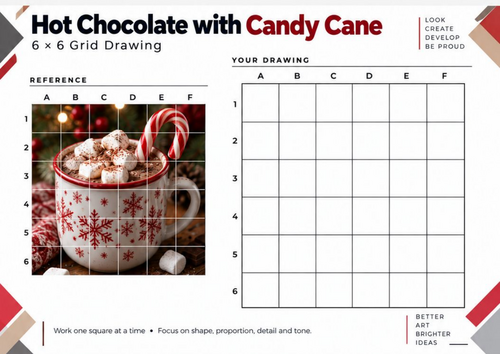 Hot Chocolate with Candy Cane Grid Drawing Worksheet | Christmas Art ...