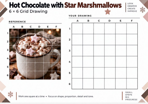 Hot Chocolate with Star Marshmallows Grid Drawing Worksheet | Christmas ...