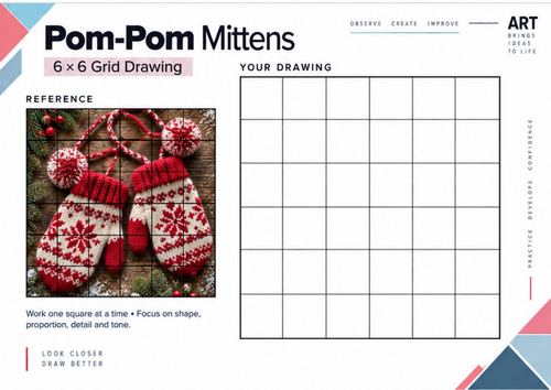 Pom-Pom Mittens Grid Drawing Worksheet | Winter Texture Drawing | KS3 ...