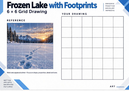 Frozen Lake with Footprints Grid Drawing Worksheet | Snow Landscape Art ...
