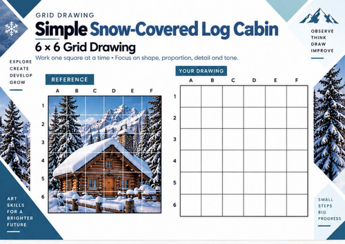 Winter Cabins Grid Drawing Worksheets | 20 Winter Art Activities | KS3 ...