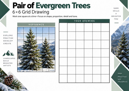 Pair of Evergreen Trees Grid Drawing Worksheet | Winter Landscape Art ...