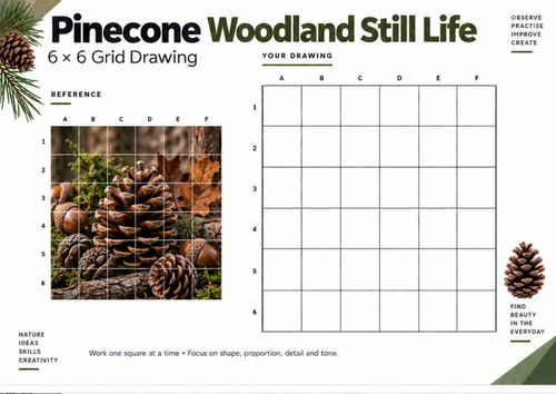 Pinecone Woodland Still Life Grid Drawing Worksheet | Nature Drawing ...