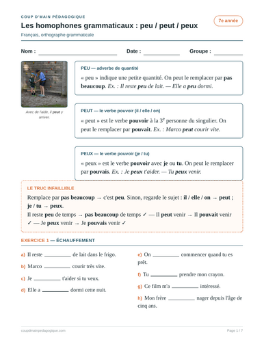French Homophones Worksheet Grade 7 peu peut peux | Homophones peu ...
