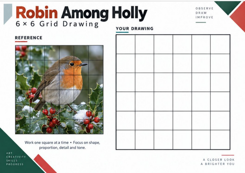 Robin Among Holly Grid Drawing Worksheet | Winter Wildlife Art Activity ...